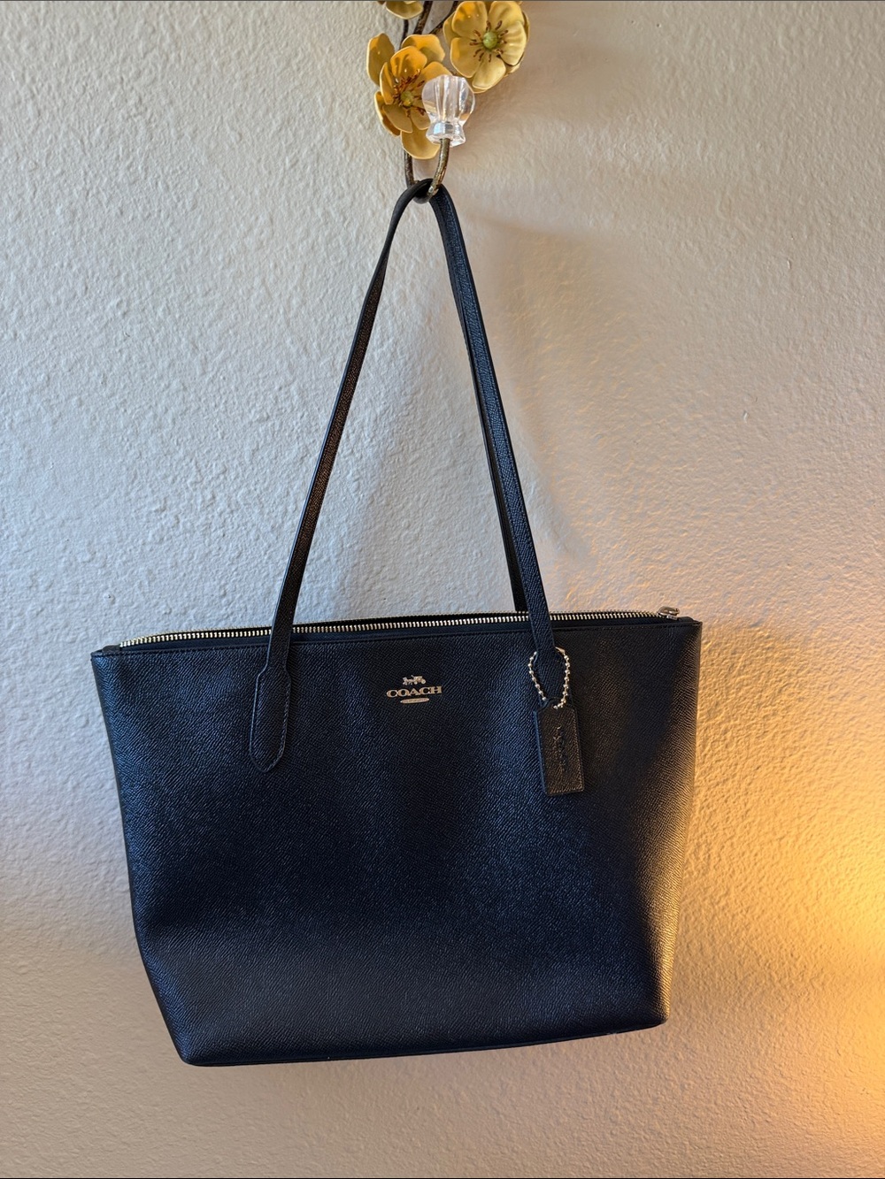 Coach Black Leather Zip-Top Tote with Gold Logo
